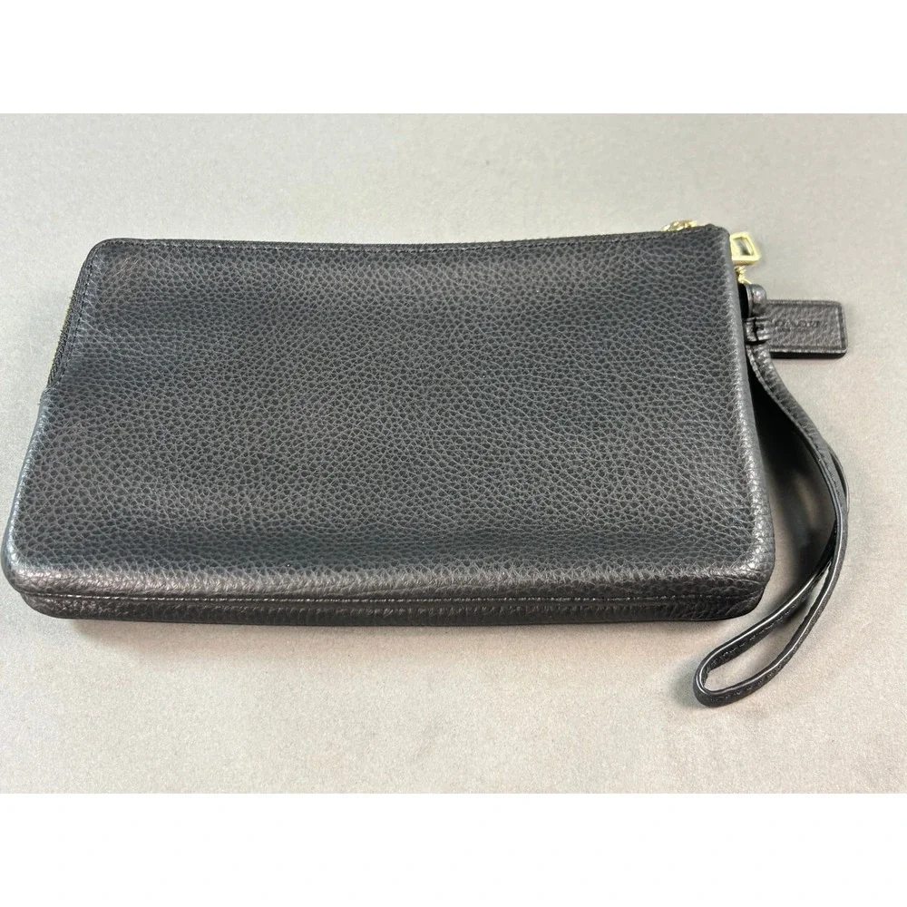 Coach Double Zip Wristlet Black Pebble Leather Gold Hardware Handbag Bag